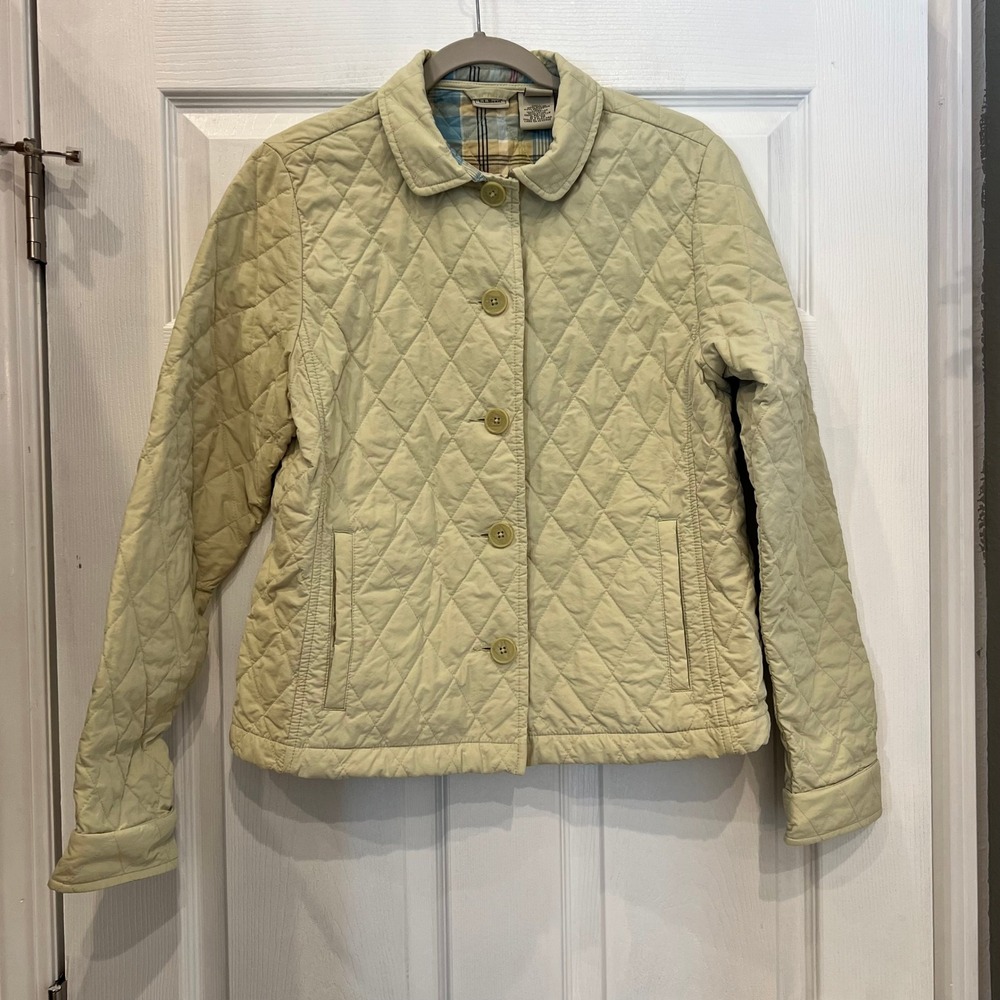 LL Bean Quilted Barn Jacket Nylon Polyester Yellow Plaid Coastal Grandmother M